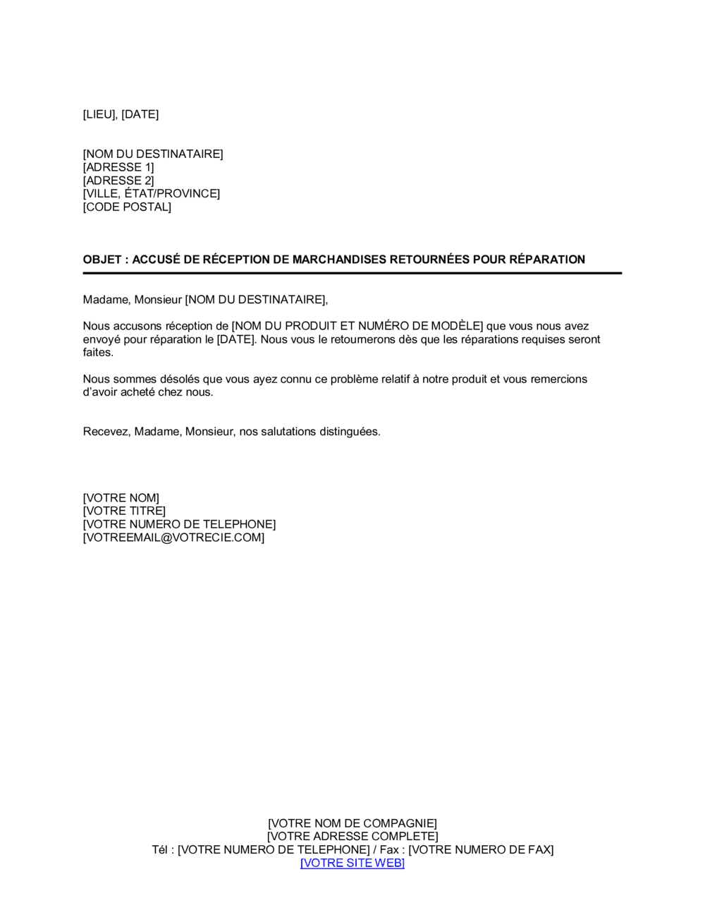 Business-in-a-Box's Accusé de réception de marchandises retournées pour réparation