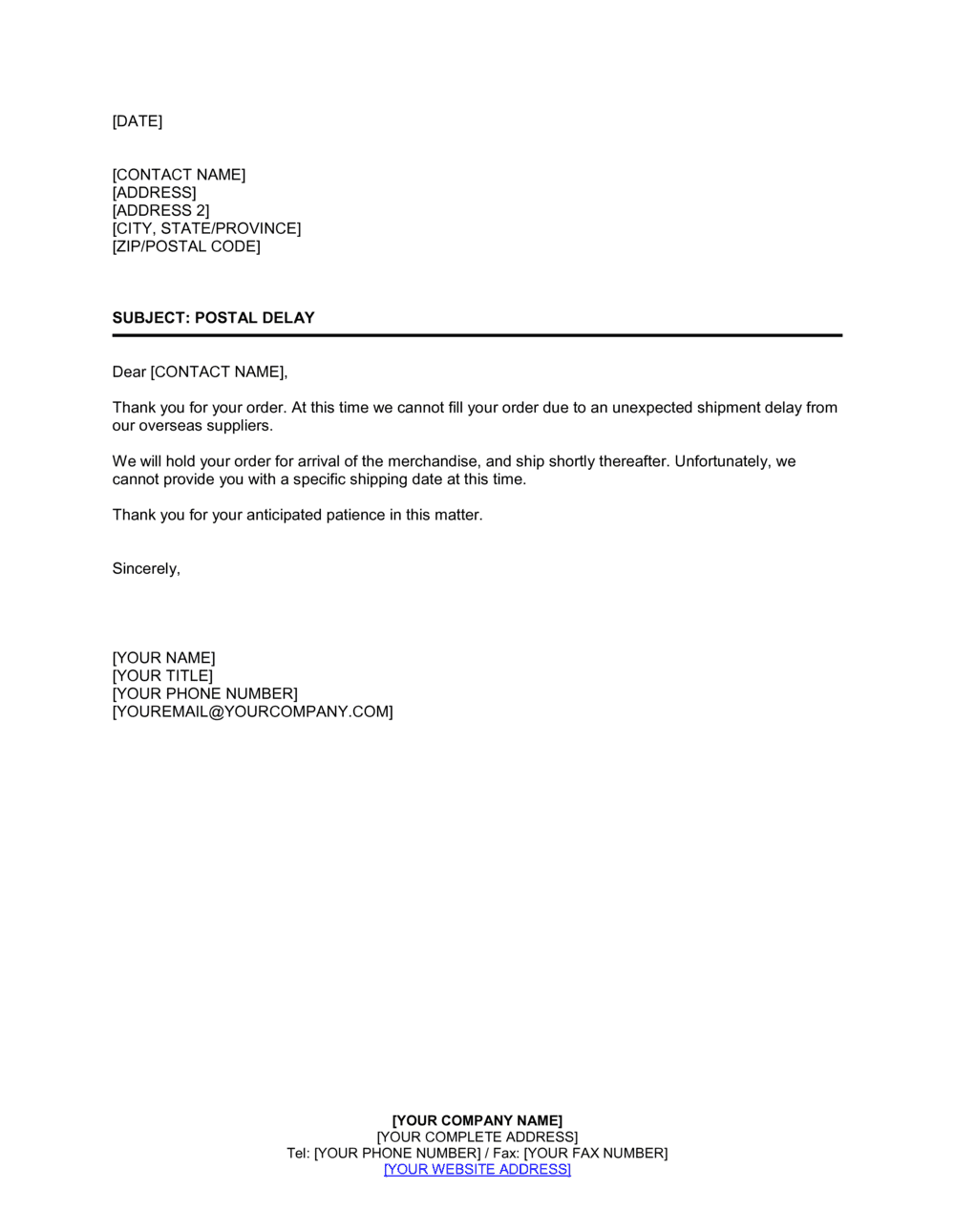 Business-in-a-Box's Acknowledgment of Correspondence Indicating Postal Delay Template