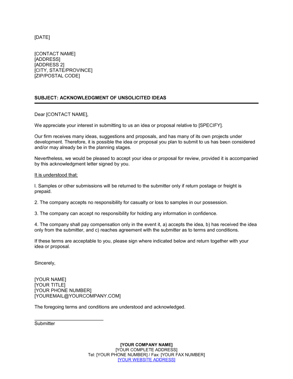 Business-in-a-Box's Acknowledgment of Unsolicited Ideas Template