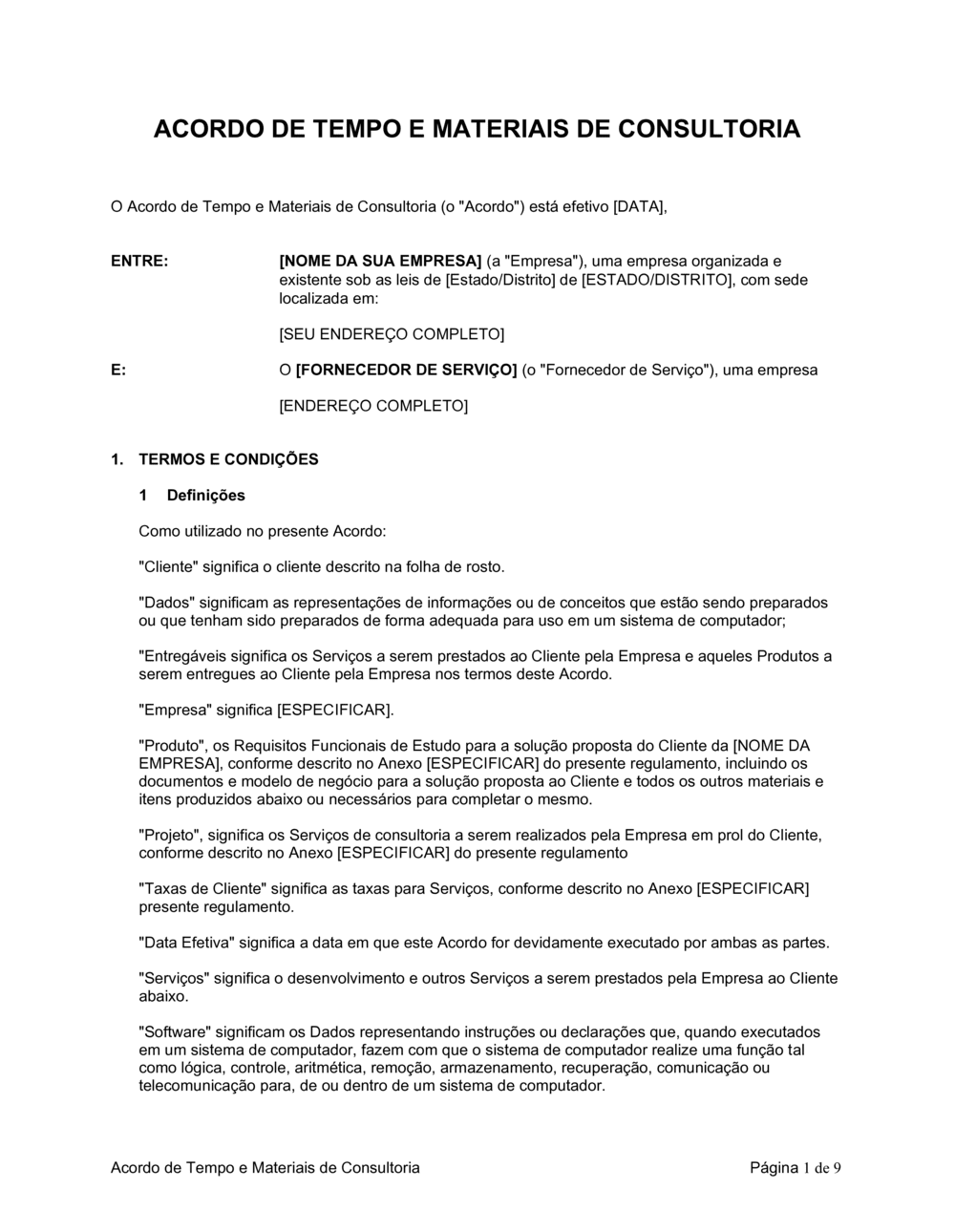 Business-in-a-Box's Acordo de Consultoria Tempo e Materiais