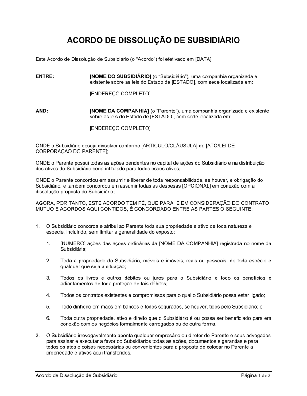 Business-in-a-Box's Acordo de Dissolução de Subsidiária