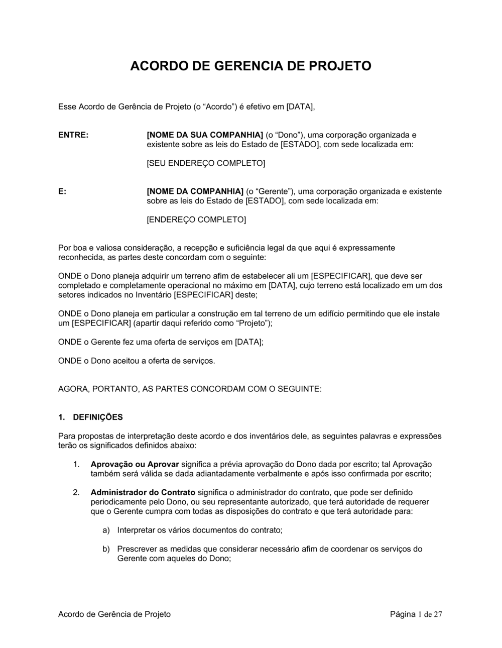 Business-in-a-Box's Acordo de Gerenciamento de Projeto