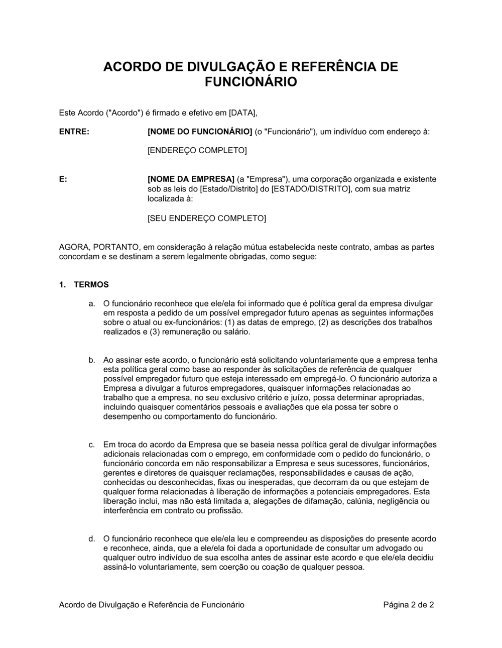 Business-in-a-Box's Acordo de Liberação de Referência do Funcionário
