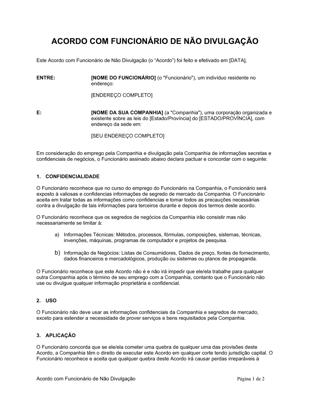 Business-in-a-Box's Acordo de Não Revelação do Funcionário