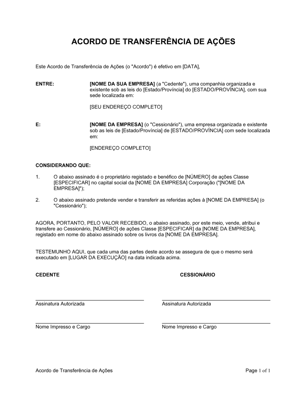 Business-in-a-Box's Acordo de Transferência de Ações Curto