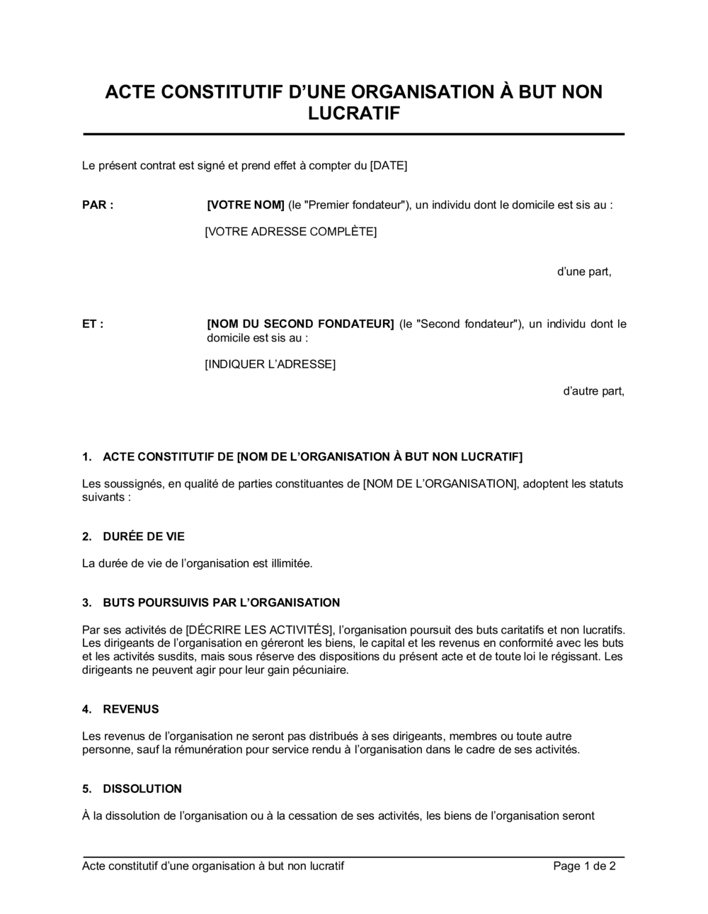 Business-in-a-Box's Acte constitutif d'une organisation à but non lucratif