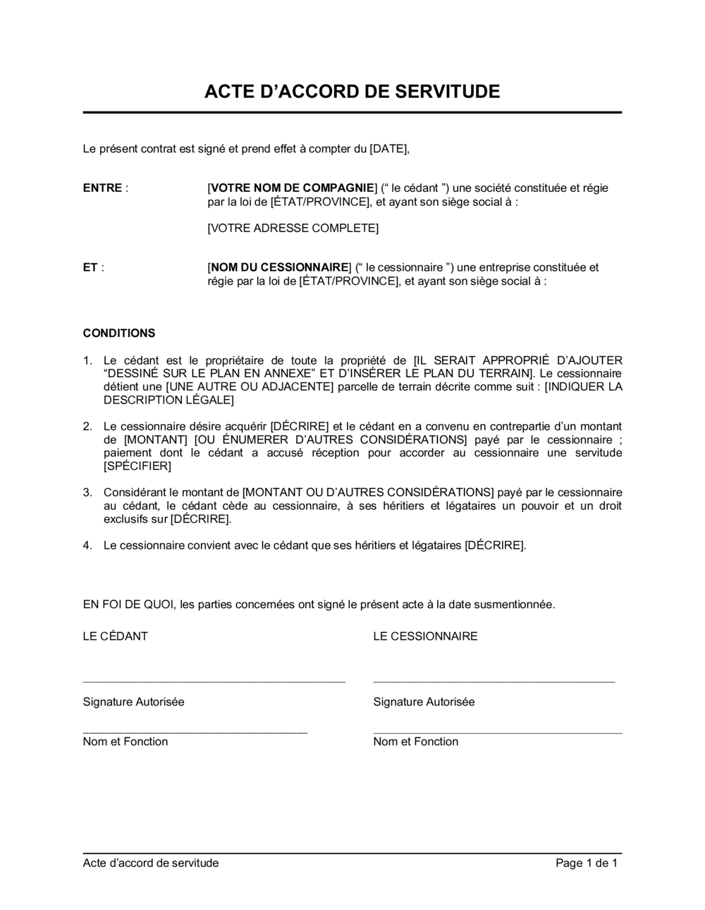 Business-in-a-Box's Acte d'accord de servitude