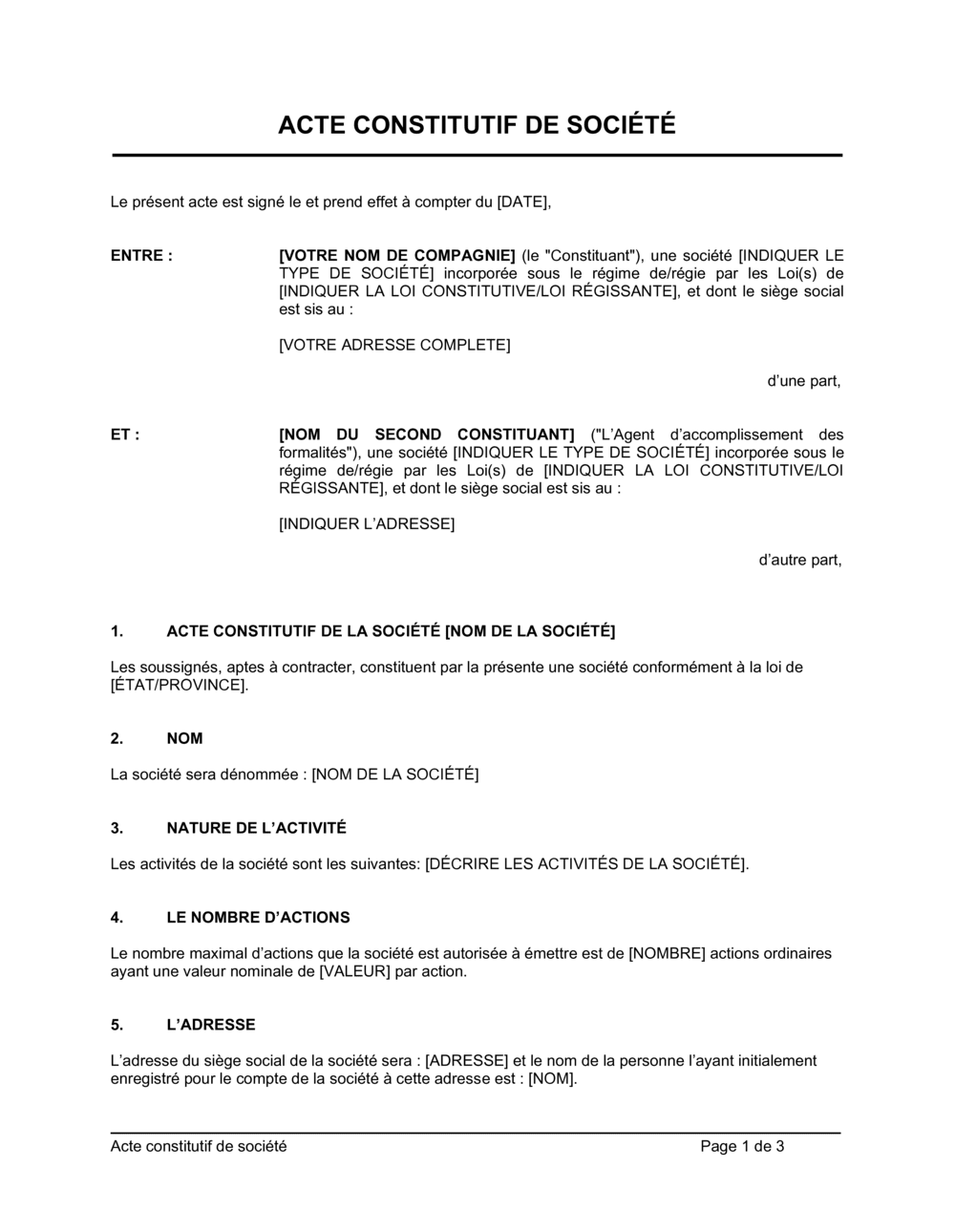 Business-in-a-Box's Acte de constitution de société