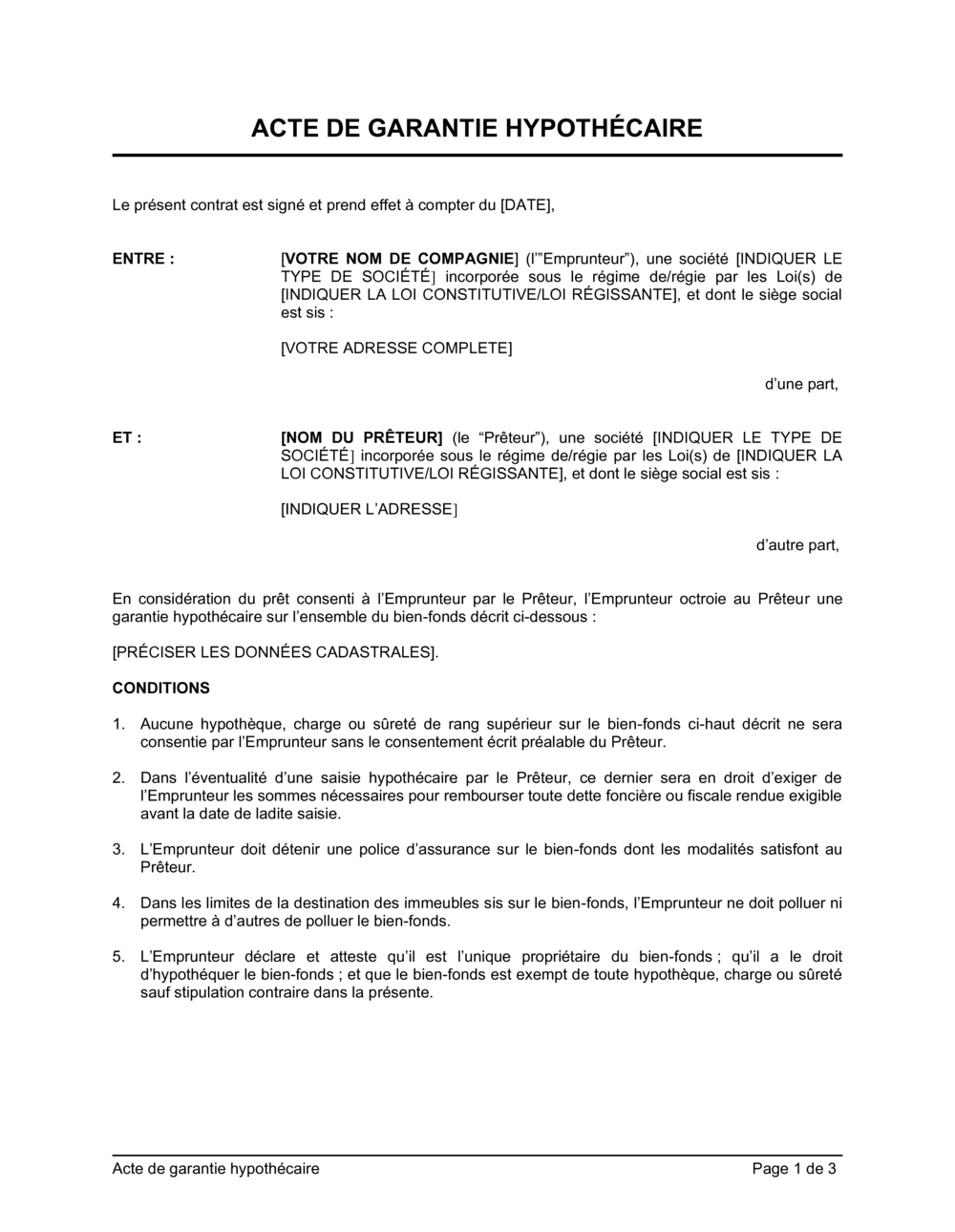 Business-in-a-Box's Acte de garantie hypothécaire