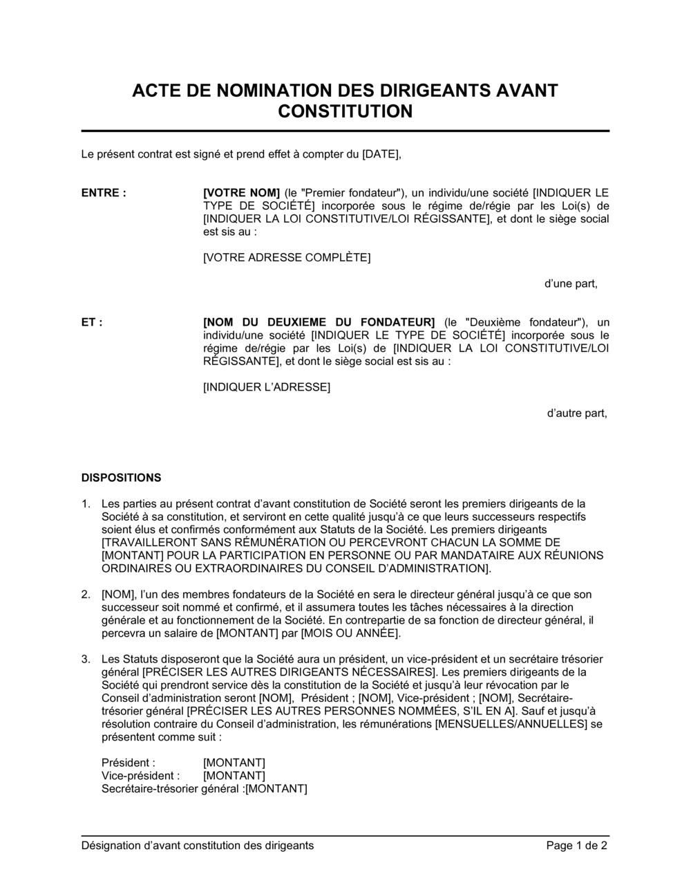 Business-in-a-Box's Acte de nomination des dirigeants avant constitution