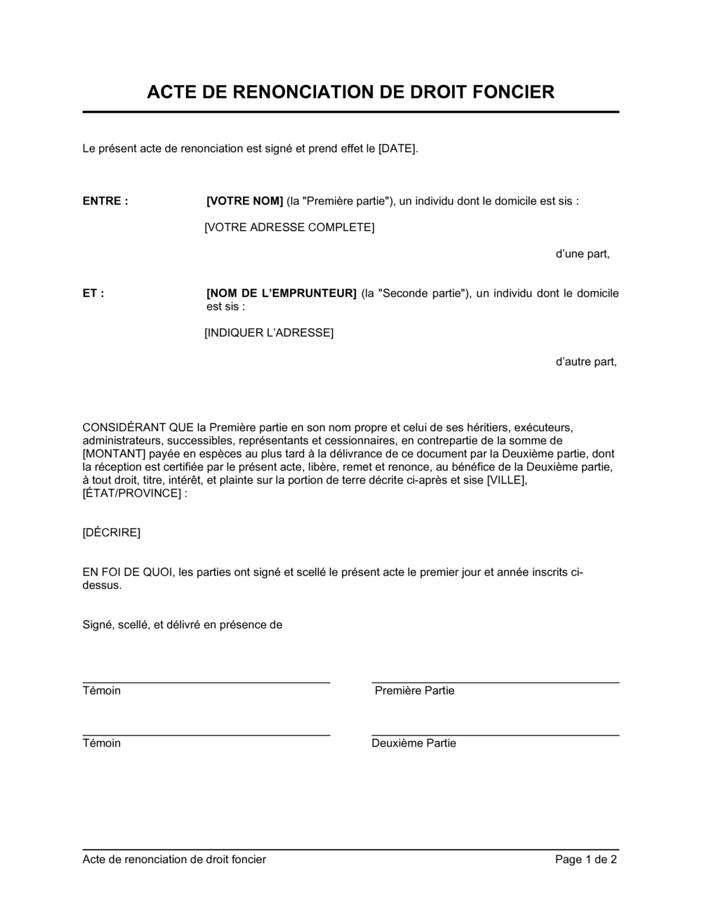 Business-in-a-Box's Acte de renonciation de droit foncier