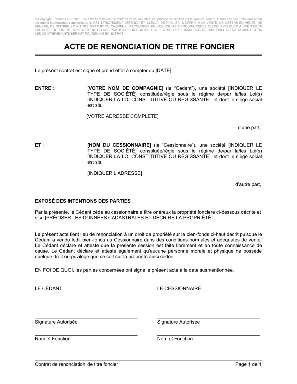 Business-in-a-Box's Acte de renonciation de titre foncier