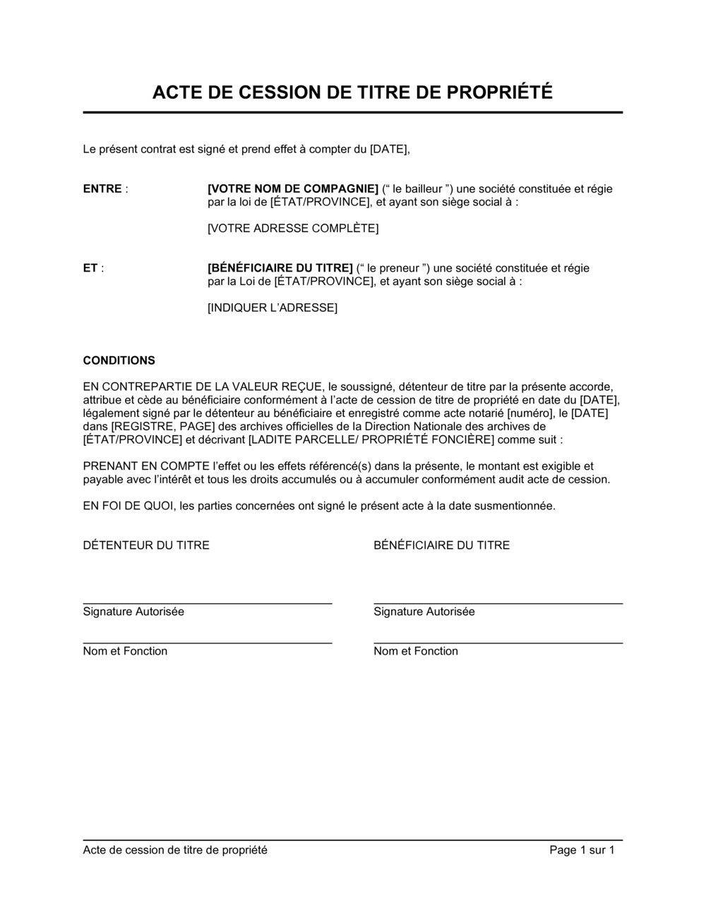 Business-in-a-Box's Acte de transfert de titre de propriété