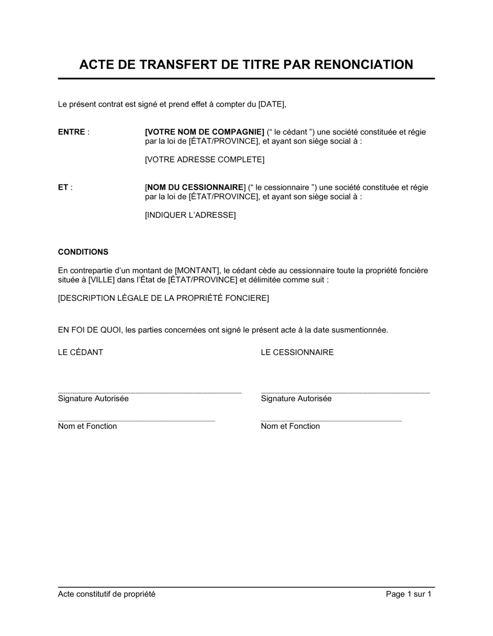 Business-in-a-Box's Acte de transfert de titre de renonciation