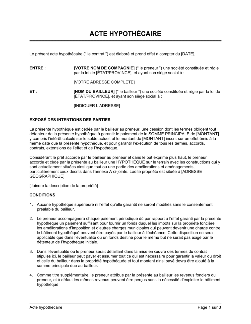 Business-in-a-Box's Acte hypothécaire