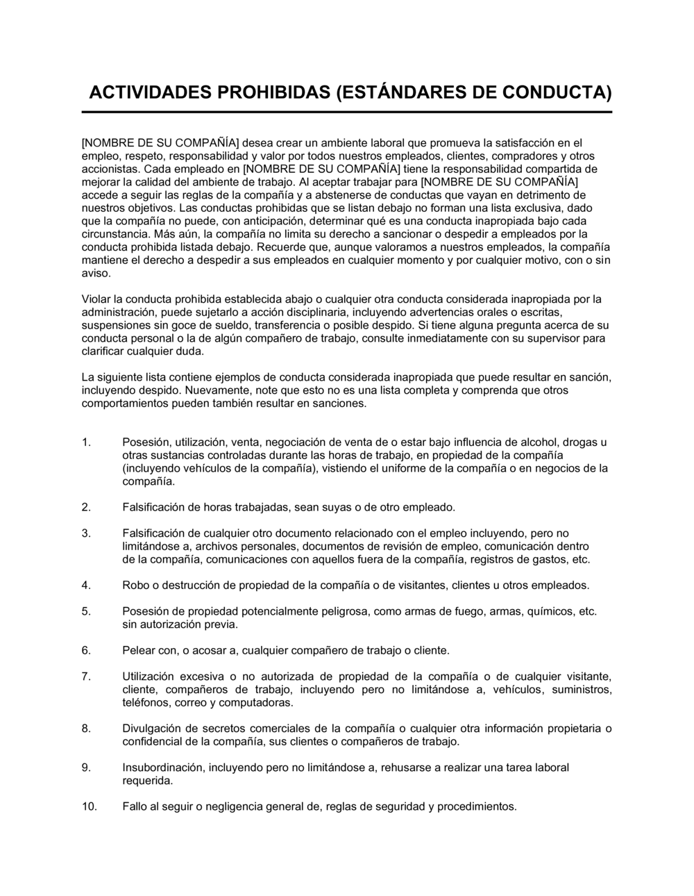 Business-in-a-Box's Actividades prohibidas