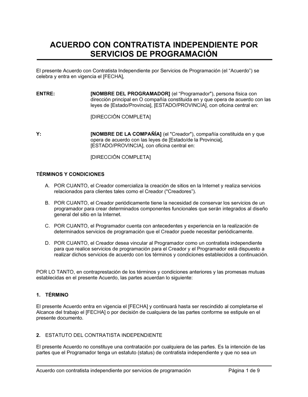 Business-in-a-Box's Acuerdo con contratista independiente por servicios de programación