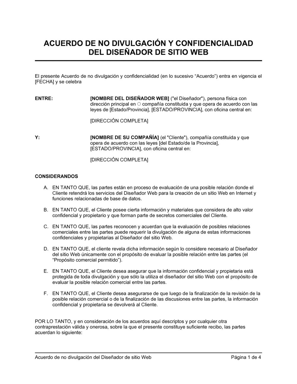 Business-in-a-Box's Acuerdo de confidencialidad de diseño de sitio web