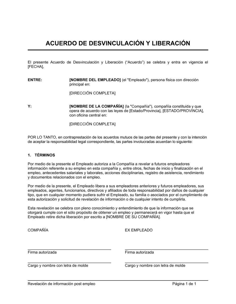 Business-in-a-Box's Acuerdo de divulgación de información posterior al empleo