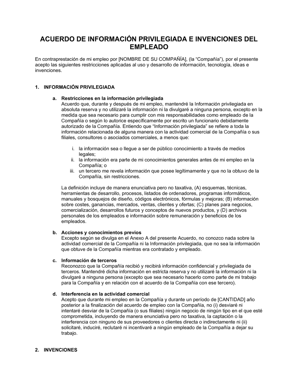 Business-in-a-Box's Acuerdo de información privilegiada e invenciones