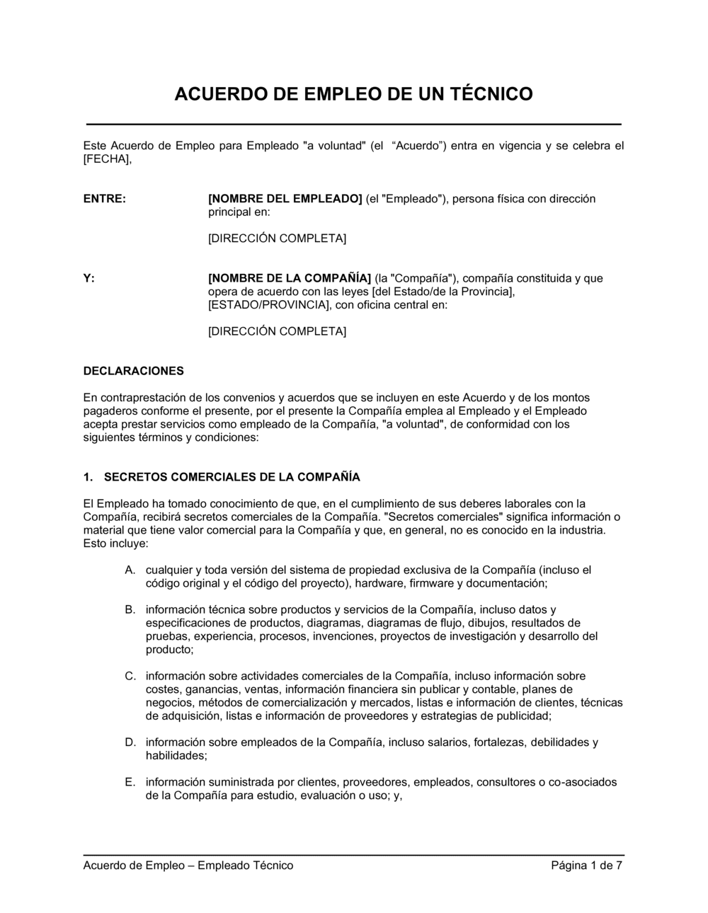 Business-in-a-Box's Acuerdo de laboral para empleado técnico