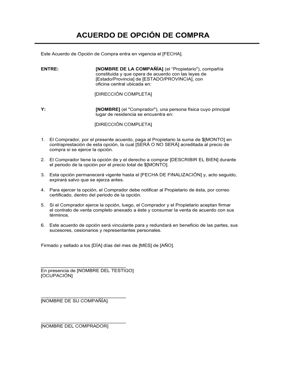 Business-in-a-Box's Acuerdo de opción de compra