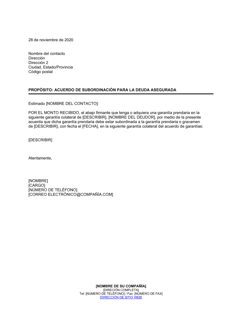 Business-in-a-Box's Acuerdo de subordinación para la deuda asegurada