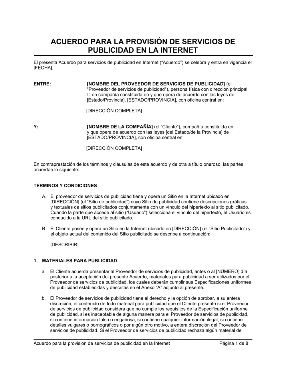 Business-in-a-Box's Acuerdo para la provisión de servicios de publicidad en la Internet