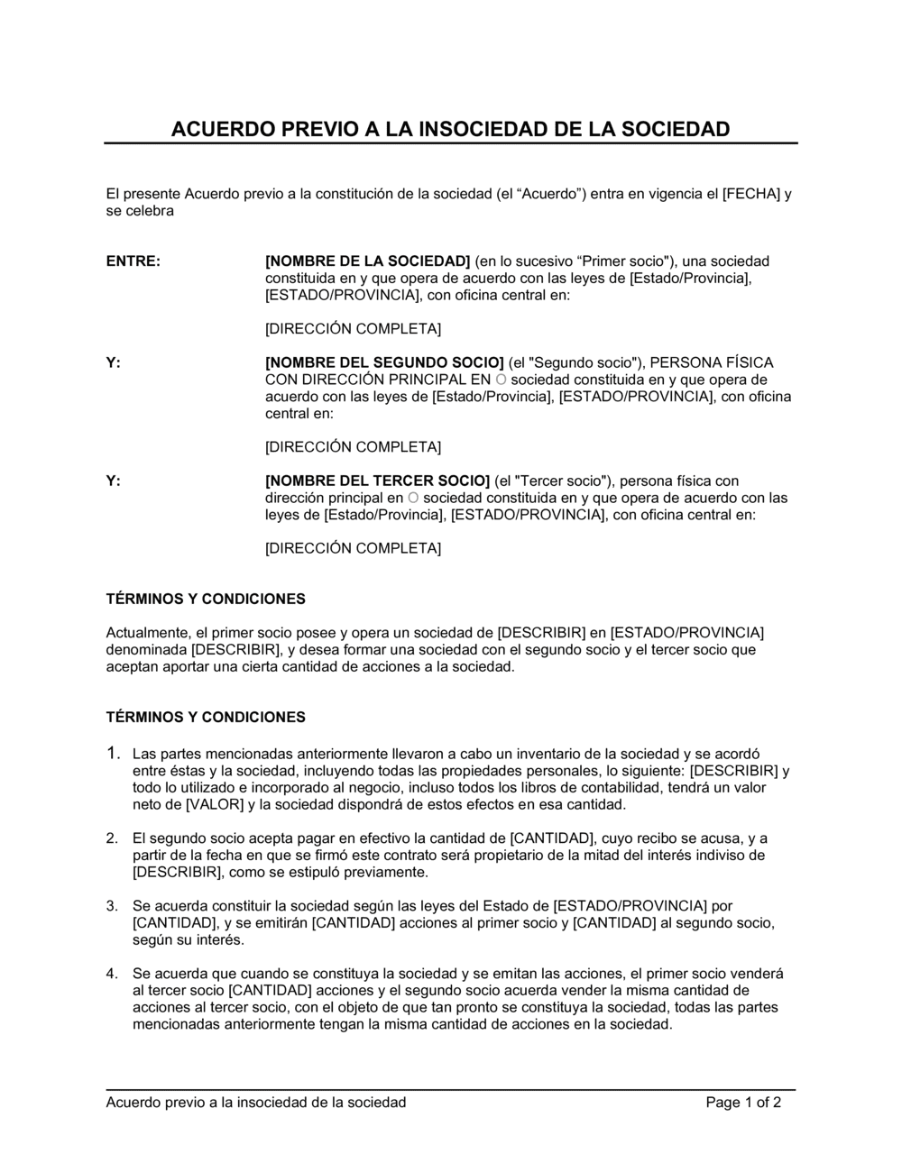 Business-in-a-Box's Acuerdo previo a la inscripción de la sociedad