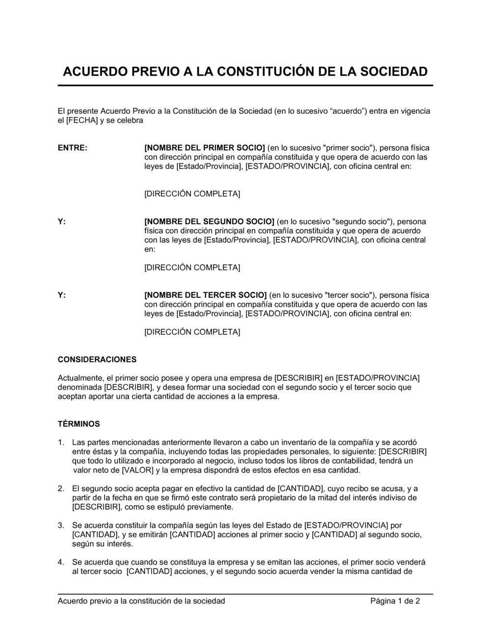 Business-in-a-Box's Acuerdo previo a la inscripción de la sociedad