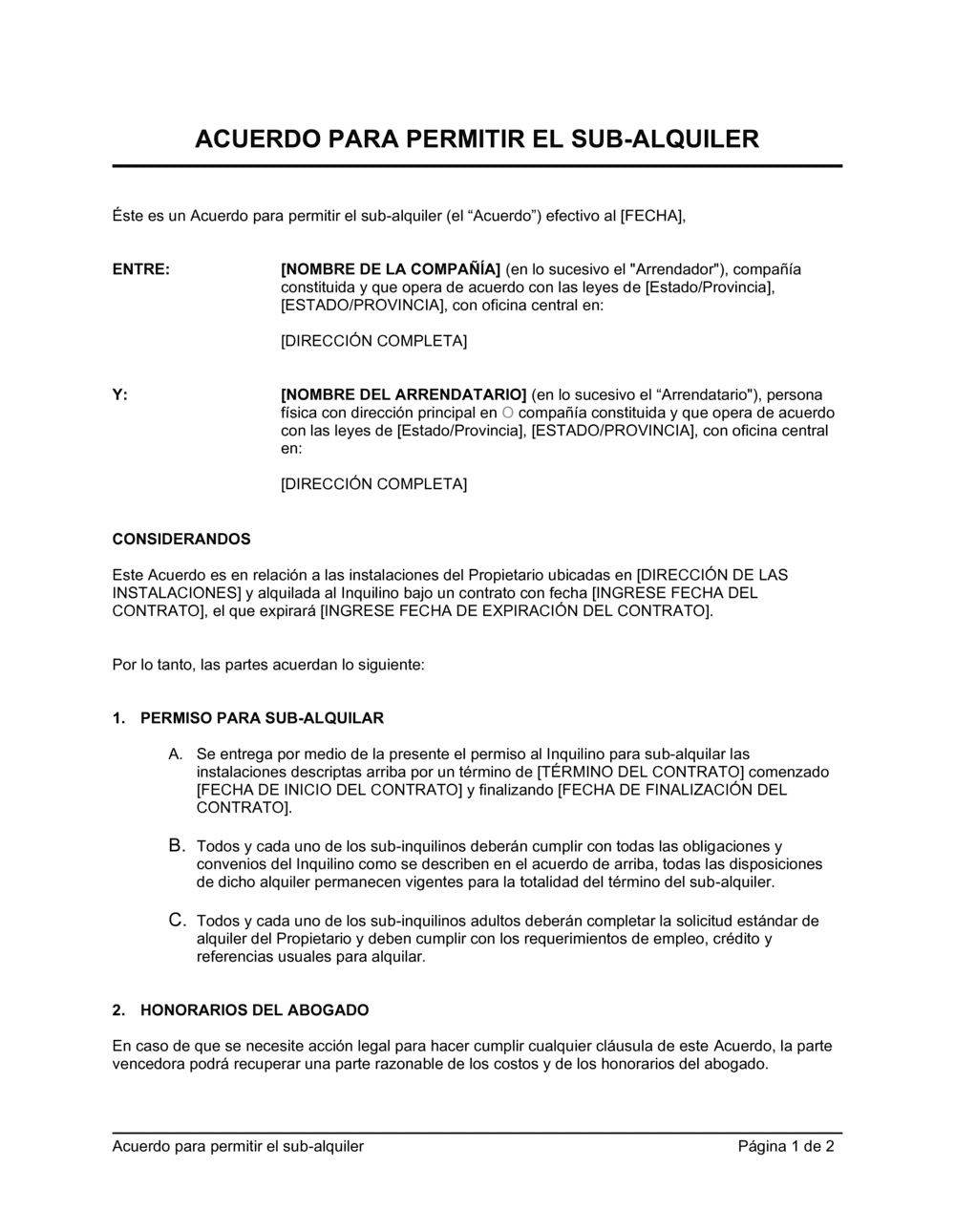 Business-in-a-Box's Acuerdo que autoriza subalquilar la propiedad