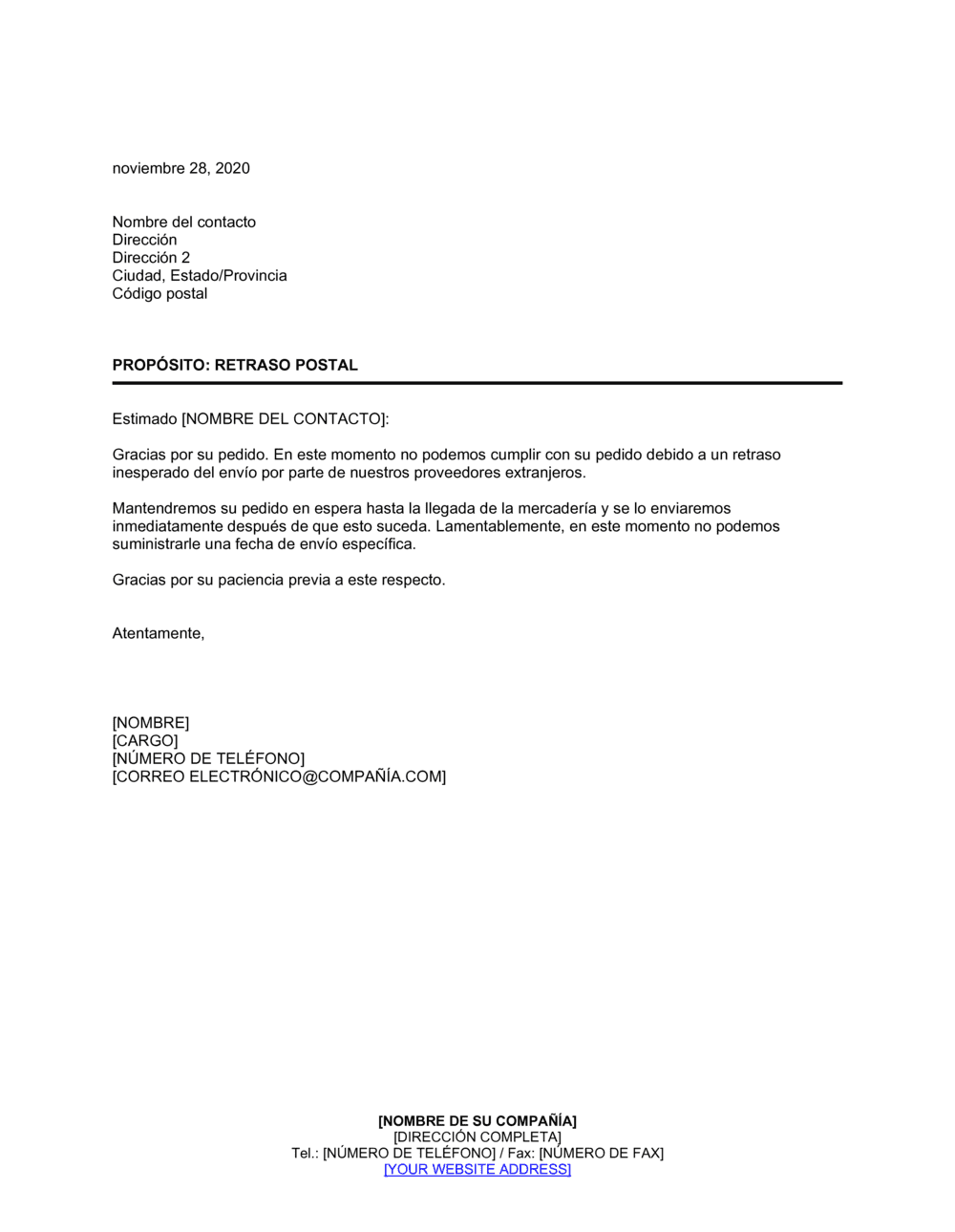 Business-in-a-Box's Acuse de recibo de correspondencia que indica el retraso postal