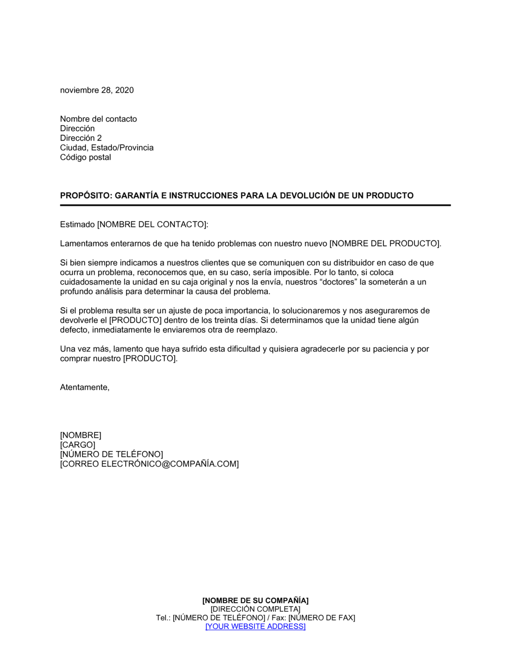 Business-in-a-Box's Acuse de recibo de garantía e instrucciones para la devolución de un producto