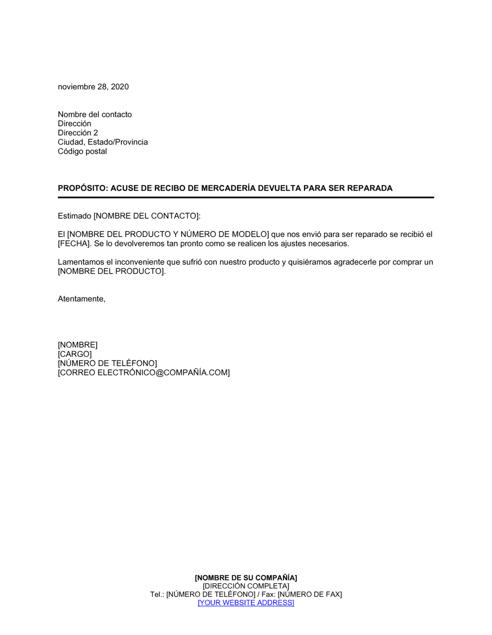 Business-in-a-Box's Acuse de recibo de mercadería devuelta para reparación