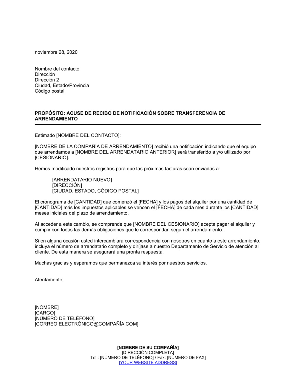 Business-in-a-Box's Acuse de recibo de notificación sobre transferencia de alquiler