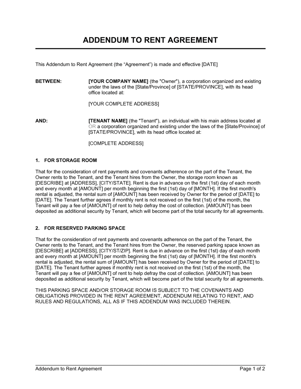 Addendum to Rent Agreement Template  by Business-in-a-Box™