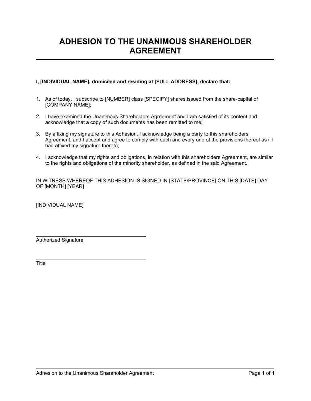 Adhesion to the Unanimous Shareholder Agreement Template  by Intended For unanimous shareholder agreement template