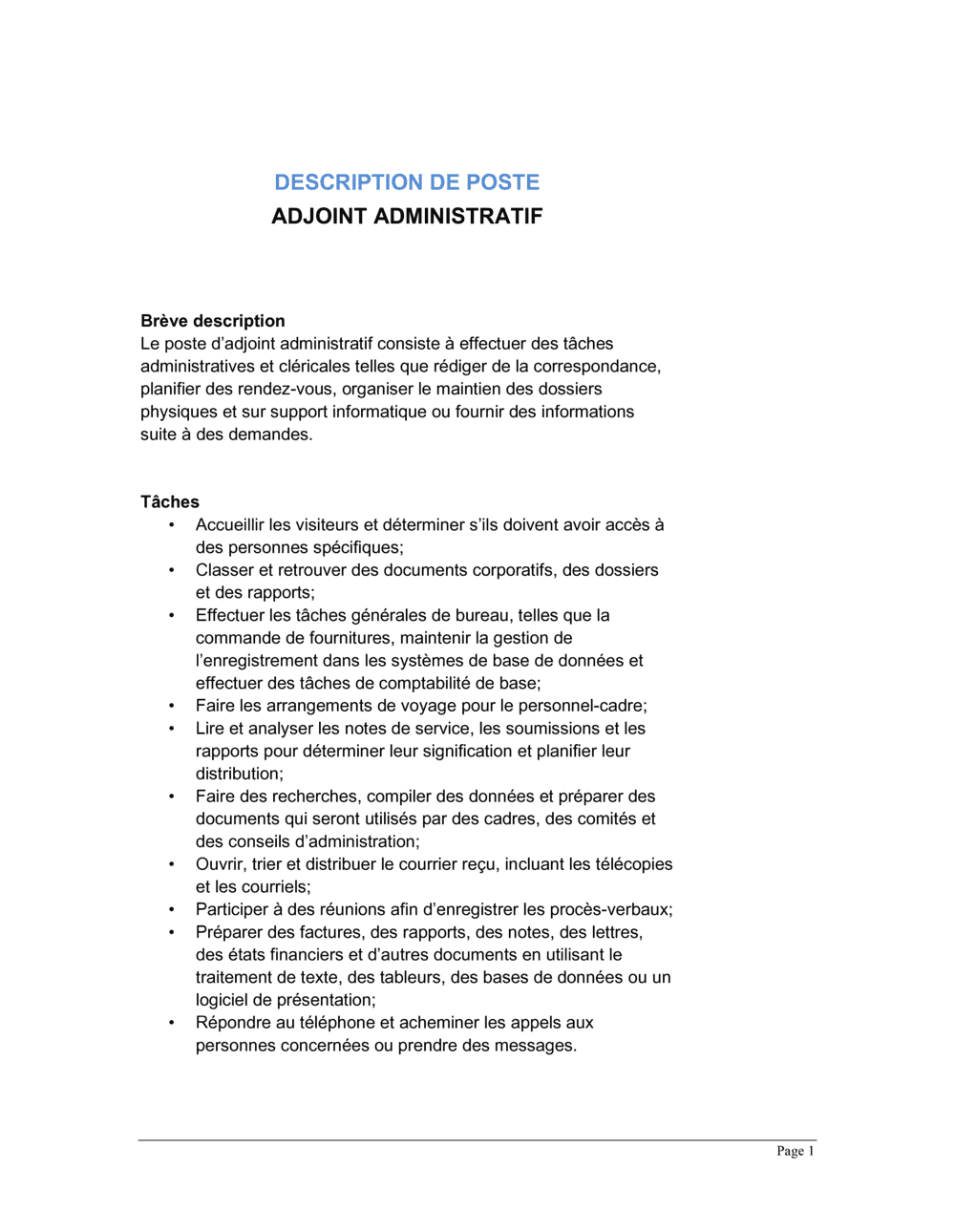 Business-in-a-Box's Adjoint administratif Description de poste