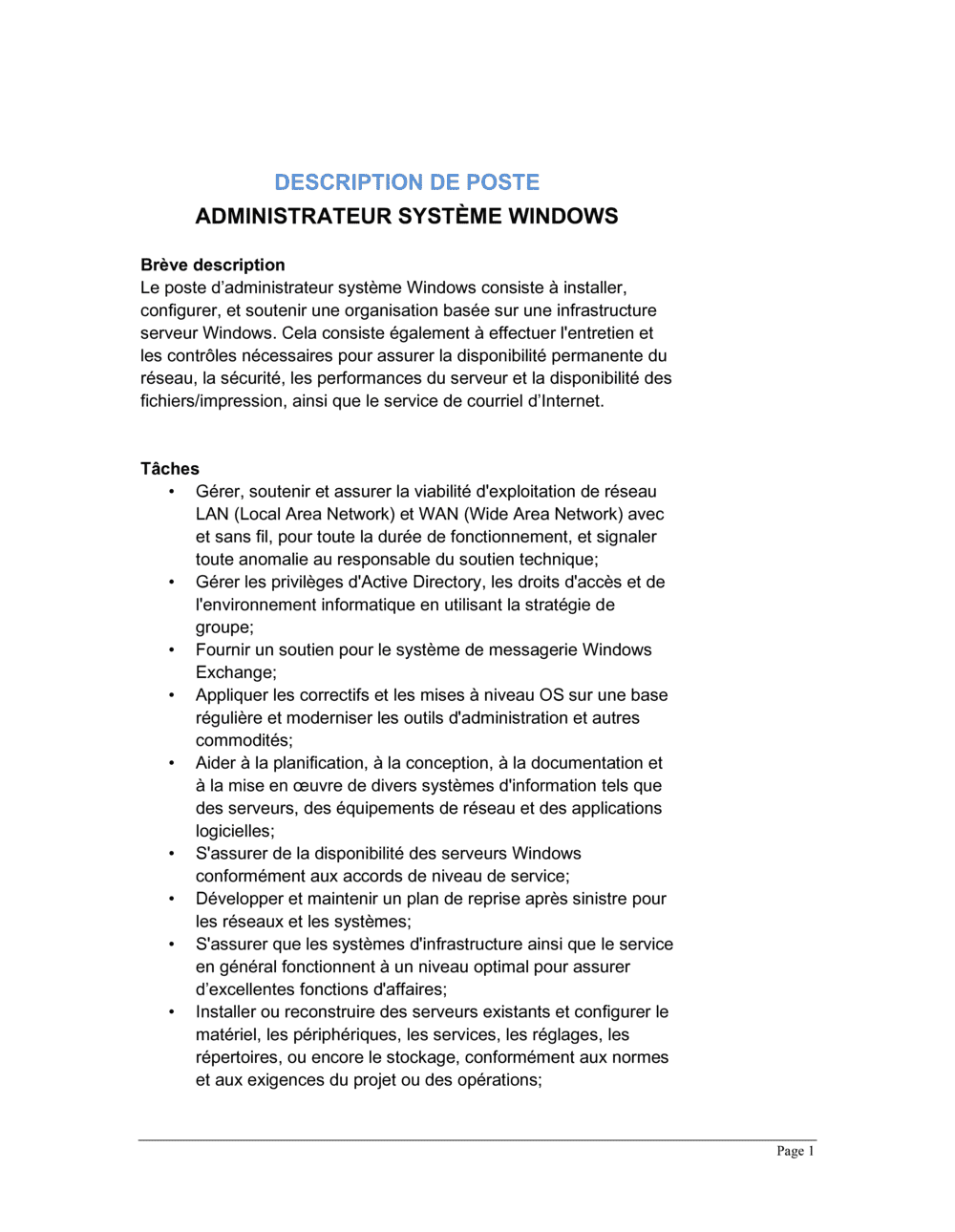 Business-in-a-Box's Administrateur système Windows Description de poste