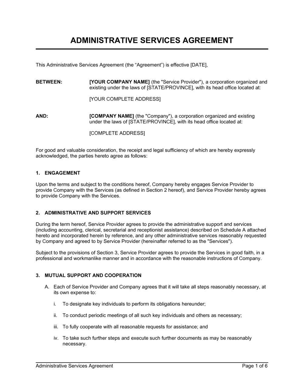 Administrative Services Agreement Template  by Business-in-a-Box™ In contract for service agreement template
