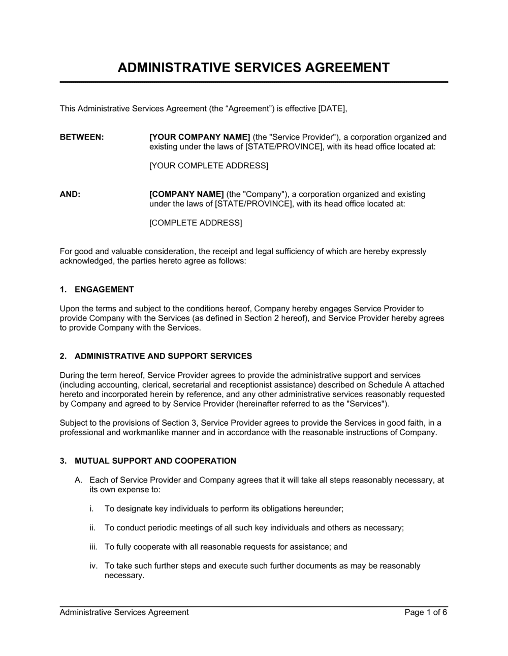 Administrative Services Agreement Template 2085