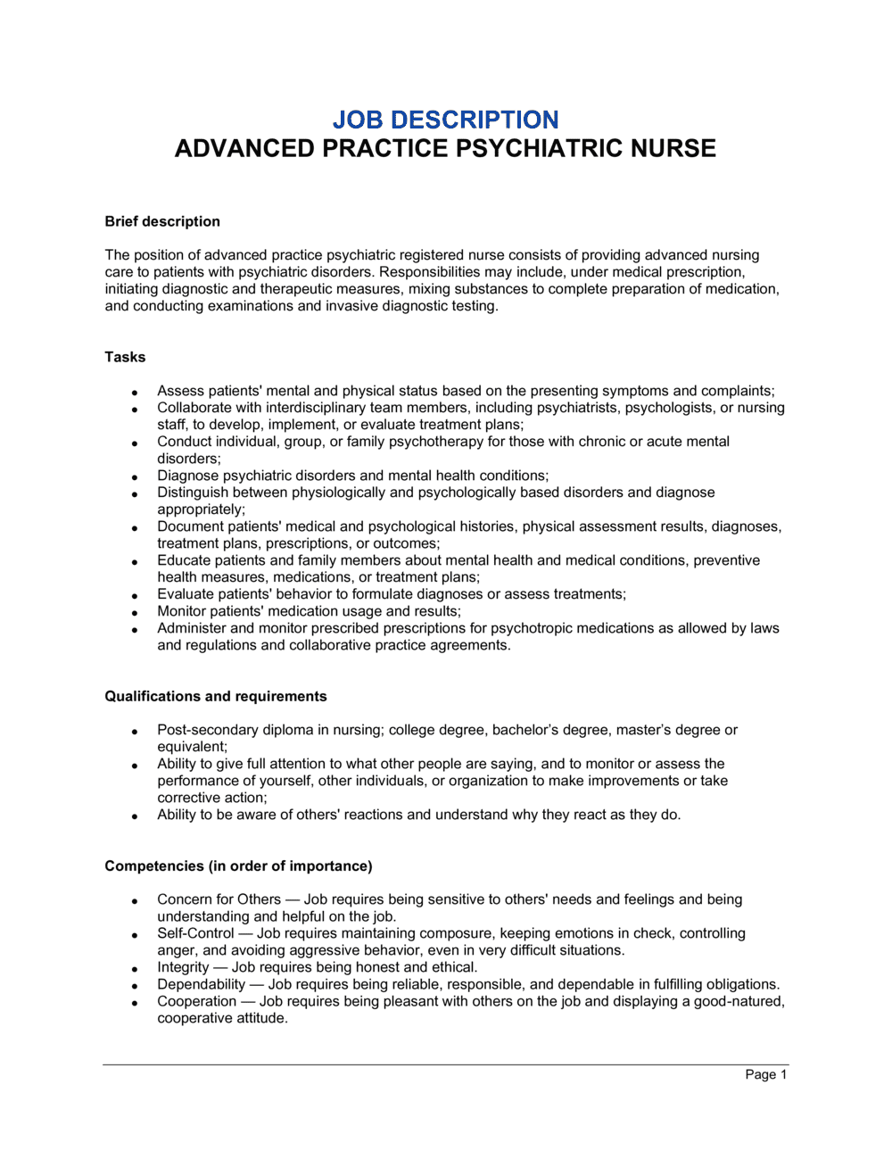 Advanced Practice Psychiatric Registered Nurse Job Description Template 