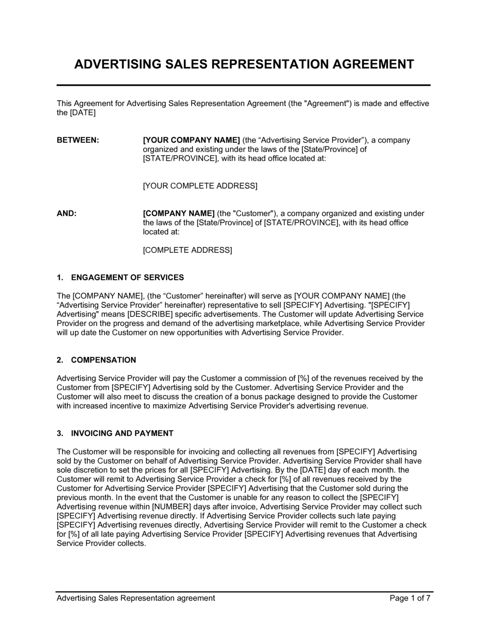 Sales Agreement Contract Template   Advertising Sales Representation Agreement D5214 