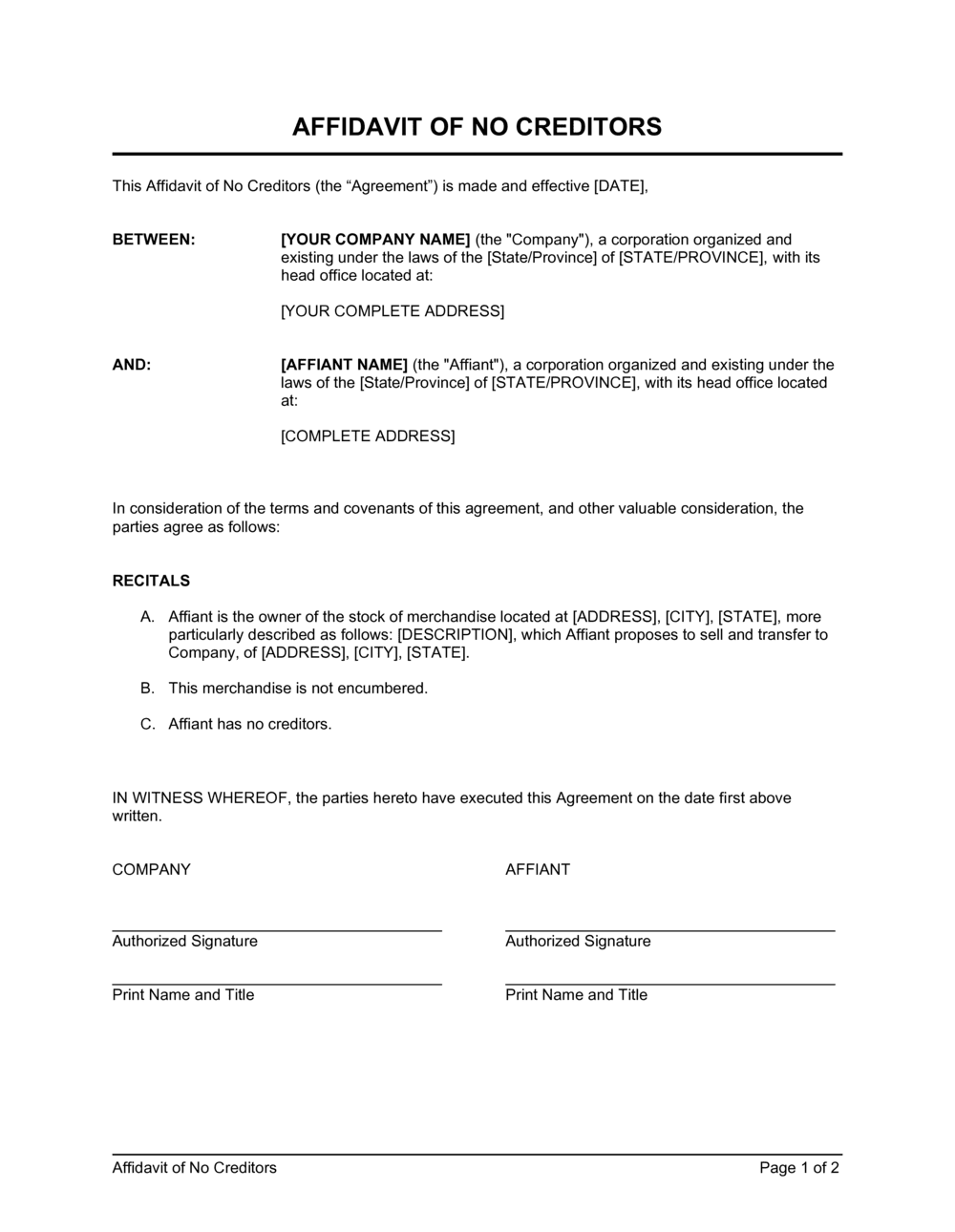 Affidavit of No Creditors Template  by Business-in-a-Box™