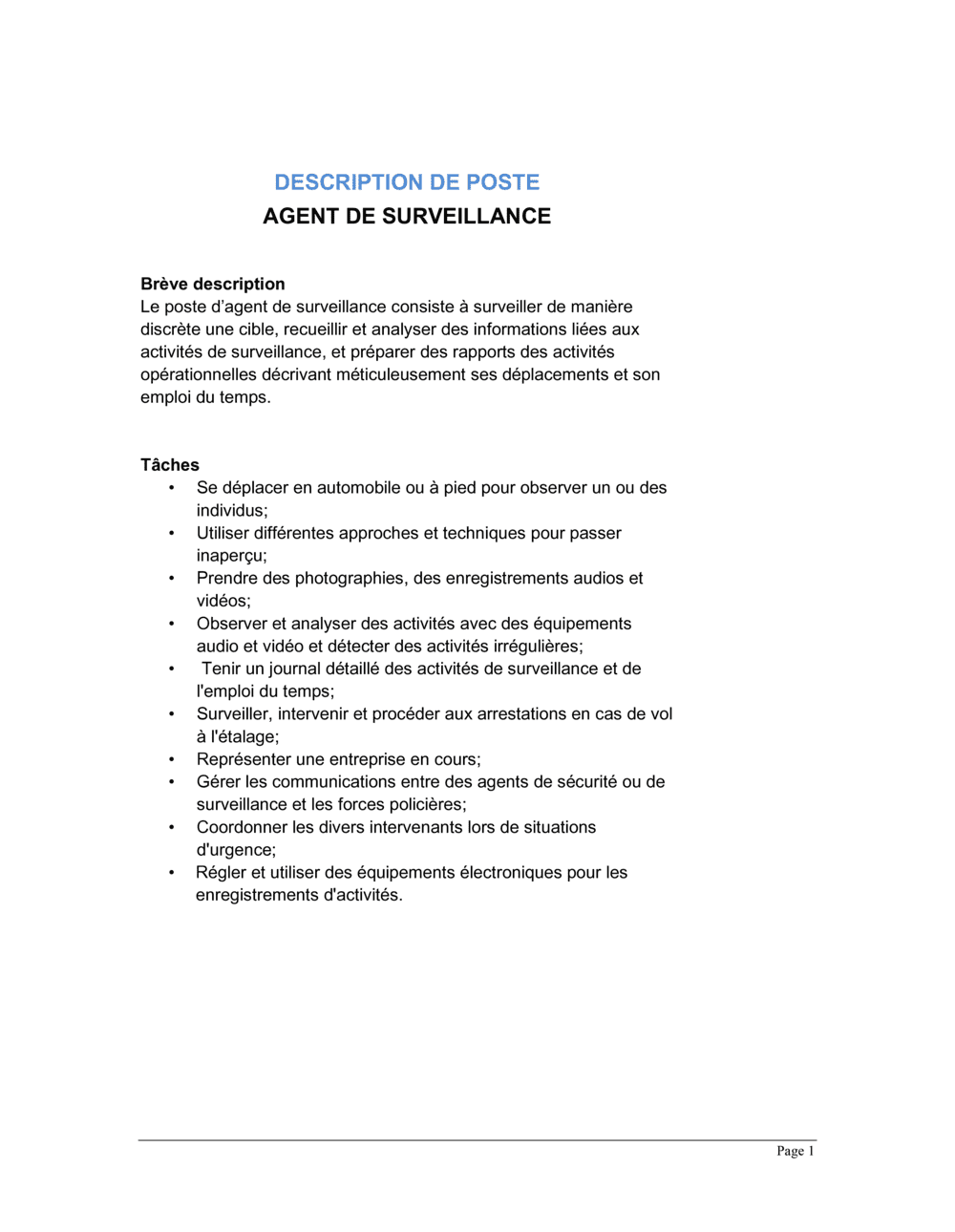 Business-in-a-Box's Agent de surveillance Description de poste