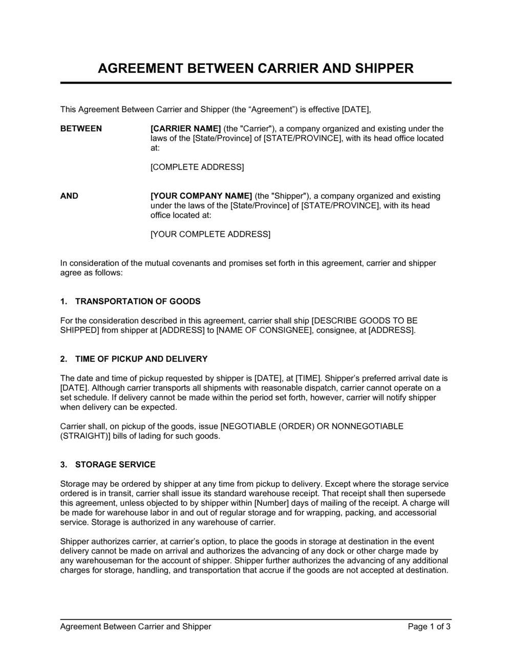 Agreement Between Carrier and Shipper Template  by Business-in-a-Box™ Pertaining To free delivery terms and conditions template