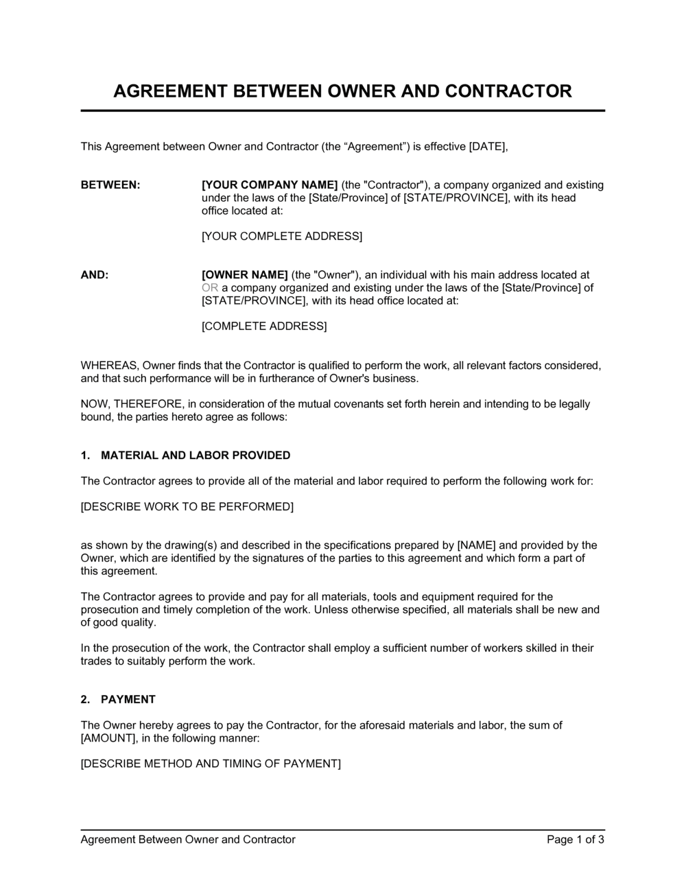 Agreement Between Owner And Contractor Template By Business in a Box 