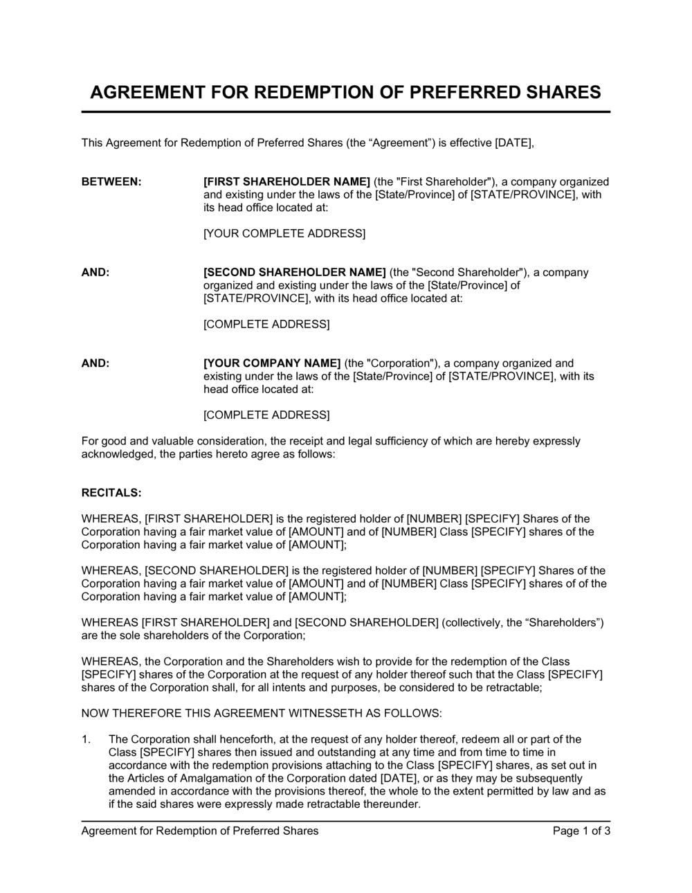 Agreement for Redemption of Preferred Shares Template  by Intended For share purchase agreement template singapore