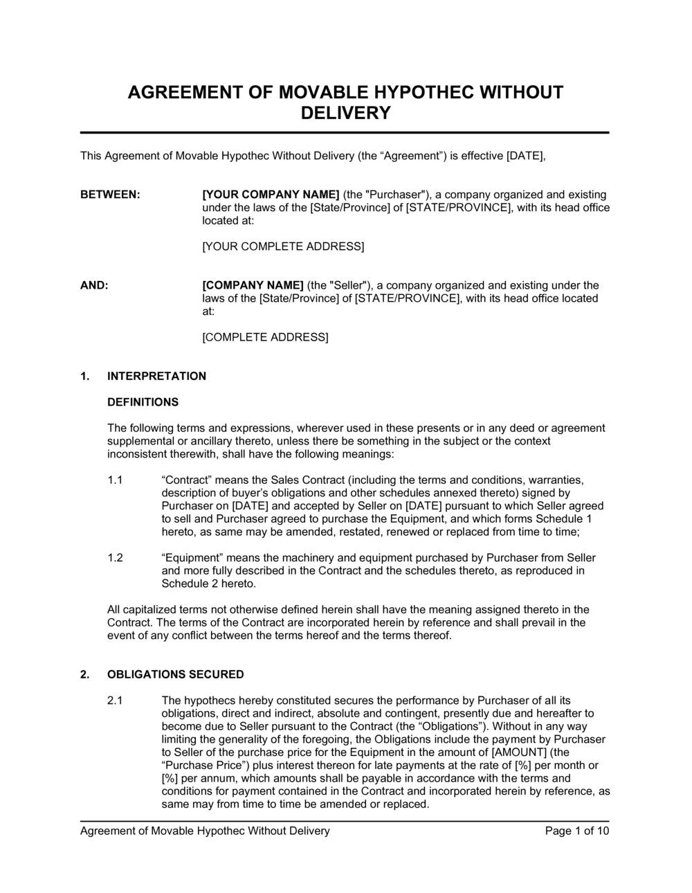 Business-in-a-Box's Agreement of Movable Hypothec Without Delivery Template