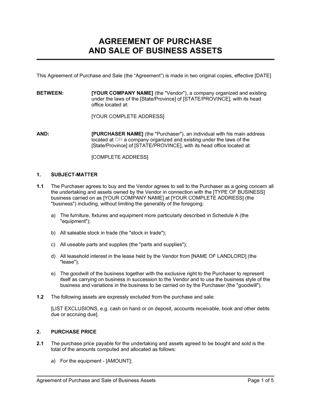 Agreement Of Purchase And Sale Of Business Assets Template By 